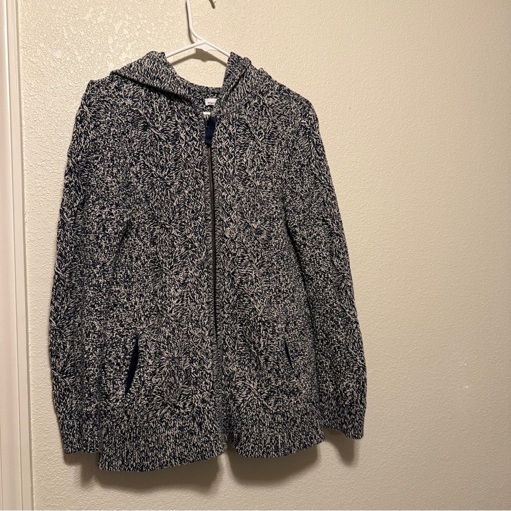 LLBEAN 100% Cotton Cable Knit Heathered Long Sleeve Hooded Cardigan w/ POCKETS M